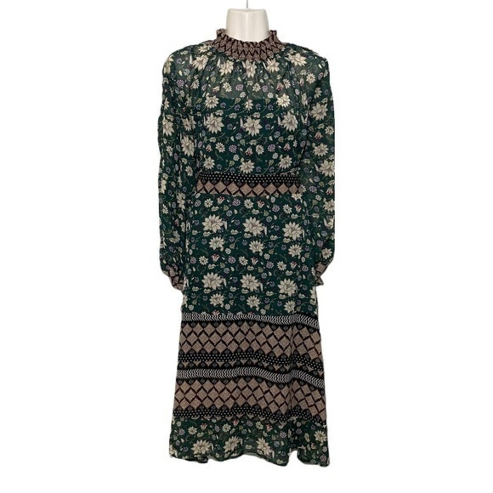 CLEARANCE NWT Dark Green Floral Maxi Dress Long Sleeves High Neck Sheer Slip New